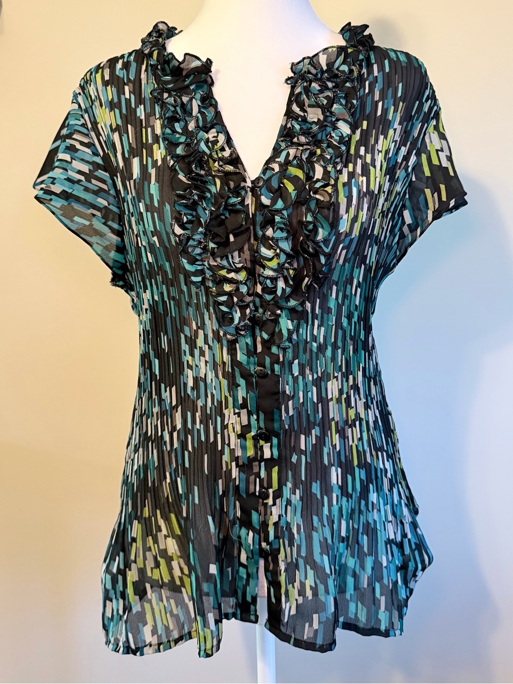 Y2K East 5th Teal, Black & Lime Ruffled V-Neck Blouse